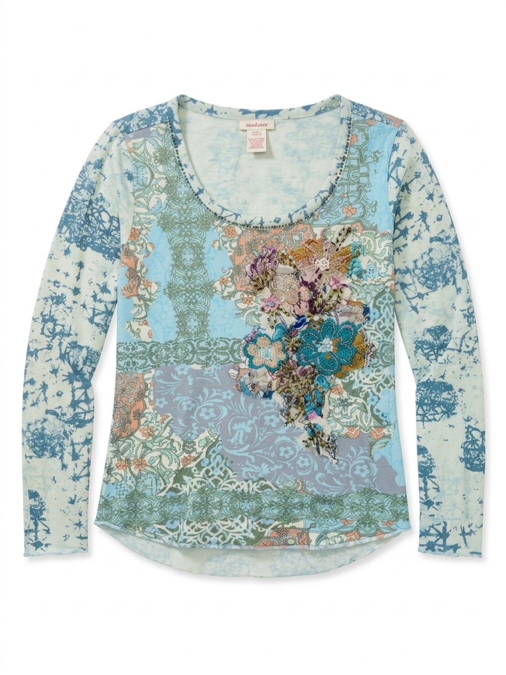 Sundance Whispering Winds Light Blue Floral Patchwork Long Sleeve beaded top